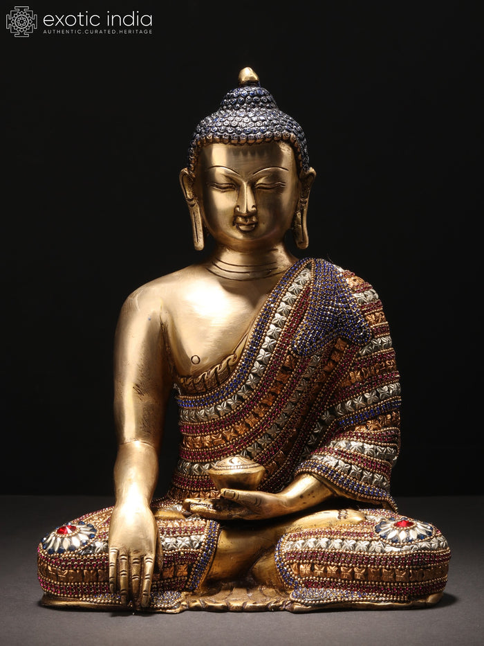 11" Handmade Bhumisparsha Buddha Brass Idol with Stone Studded Robe