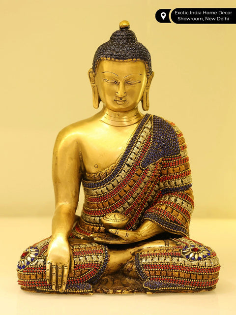 11" Bhumisparsha Shakyamuni Buddha Idol in an Adorable Stone Studded Robe | Handmade Brass Statue