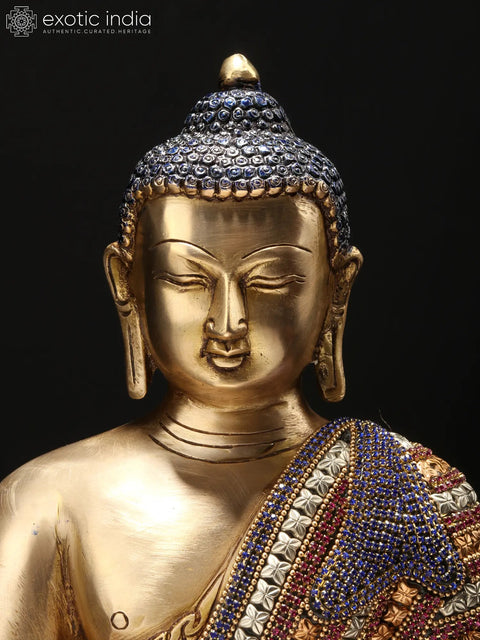 11" Bhumisparsha Shakyamuni Buddha Idol in an Adorable Stone Studded Robe | Handmade Brass Statue