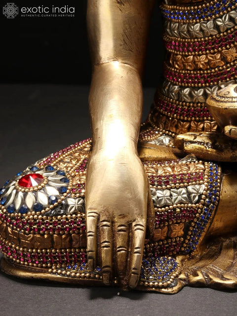 11" Bhumisparsha Shakyamuni Buddha Idol in an Adorable Stone Studded Robe | Handmade Brass Statue