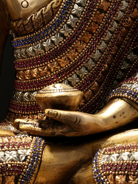 11" Bhumisparsha Shakyamuni Buddha Idol in an Adorable Stone Studded Robe | Handmade Brass Statue