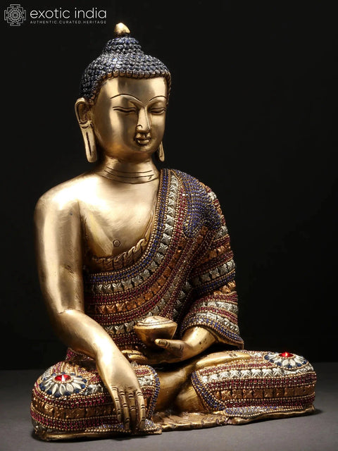 11" Bhumisparsha Shakyamuni Buddha Idol in an Adorable Stone Studded Robe | Handmade Brass Statue