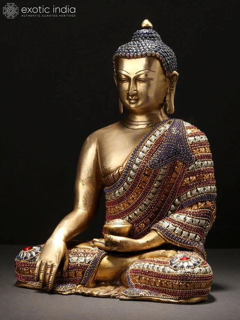 11" Bhumisparsha Shakyamuni Buddha Idol in an Adorable Stone Studded Robe | Handmade Brass Statue