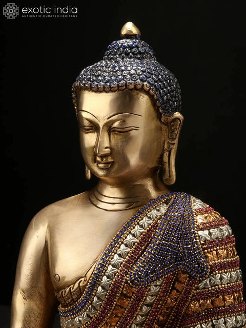 11" Bhumisparsha Shakyamuni Buddha Idol in an Adorable Stone Studded Robe | Handmade Brass Statue