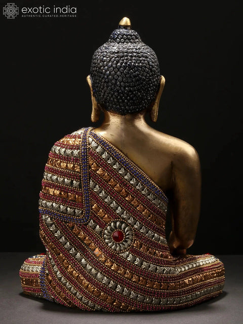 11" Bhumisparsha Shakyamuni Buddha Idol in an Adorable Stone Studded Robe | Handmade Brass Statue