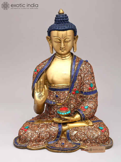 13" Gautam Buddha Preaching Dharma Brass Statue with Inlay Work