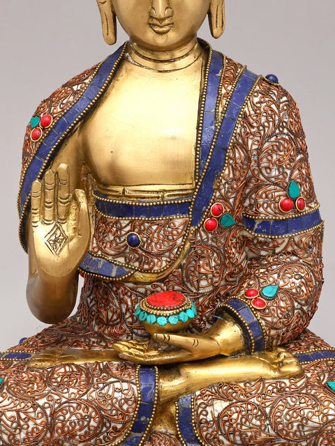 13" Gautam Buddha Preaching His Dharma With Inlay Work In Brass | Handmade | Made In India