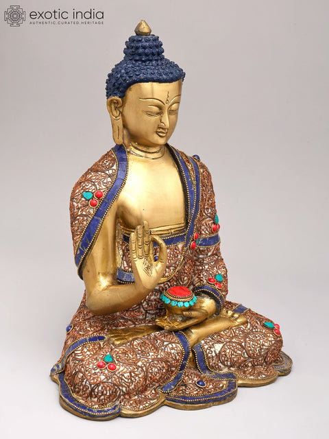 13" Gautam Buddha Preaching His Dharma With Inlay Work In Brass | Handmade | Made In India