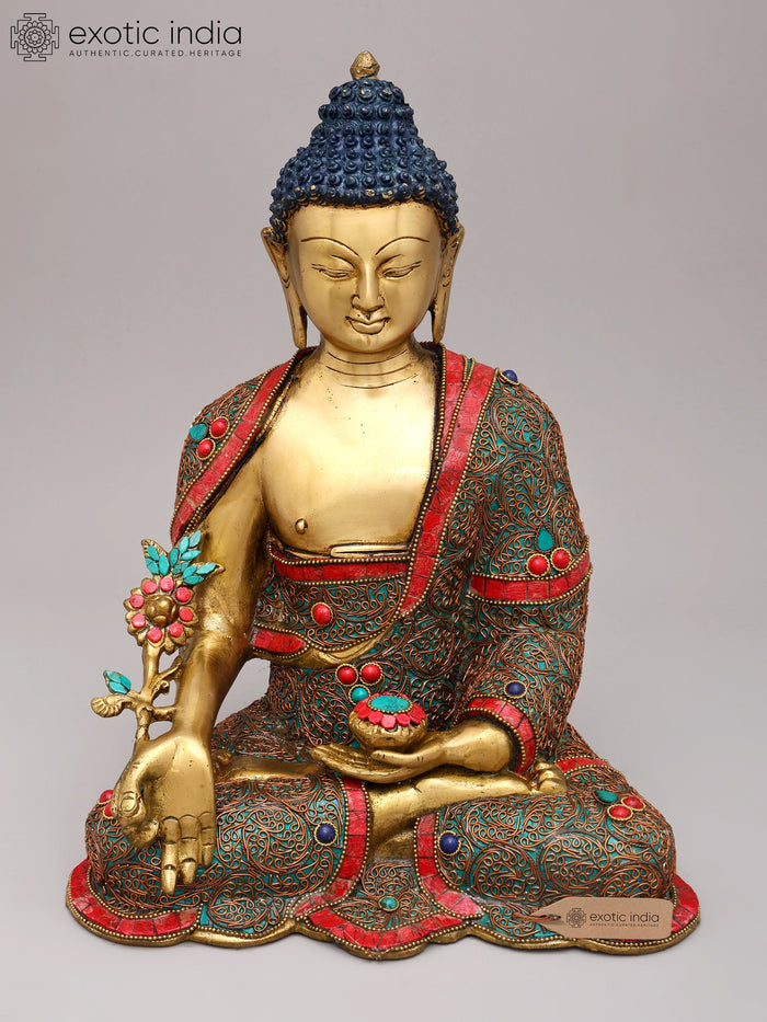 13" Medicine Buddha Brass Statue with Inlay Work Tibetan Buddhist Idol