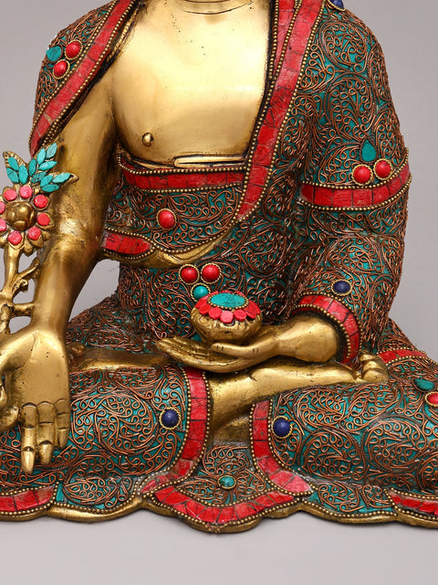 13" Medicine Buddha with Superfine Brass Statue with Inlay Work | Tibetan Buddhist Idols