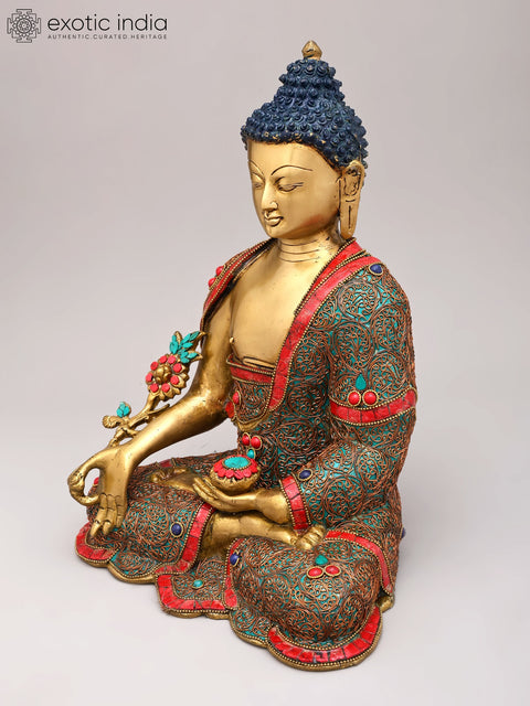 13" Medicine Buddha with Superfine Brass Statue with Inlay Work | Tibetan Buddhist Idols