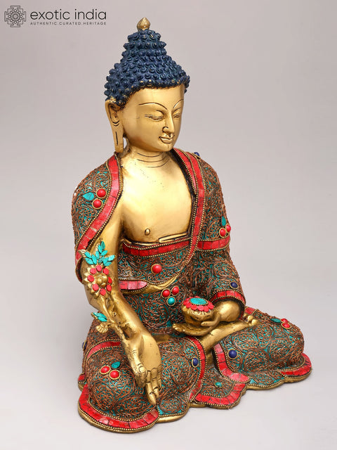13" Medicine Buddha with Superfine Brass Statue with Inlay Work | Tibetan Buddhist Idols