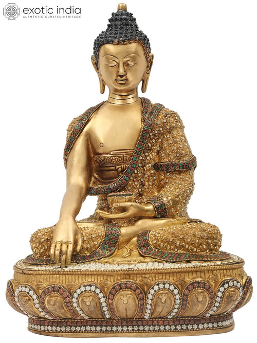 16" Lord Buddha Bhumisparsha Mudra Brass Statue with Inlay Work