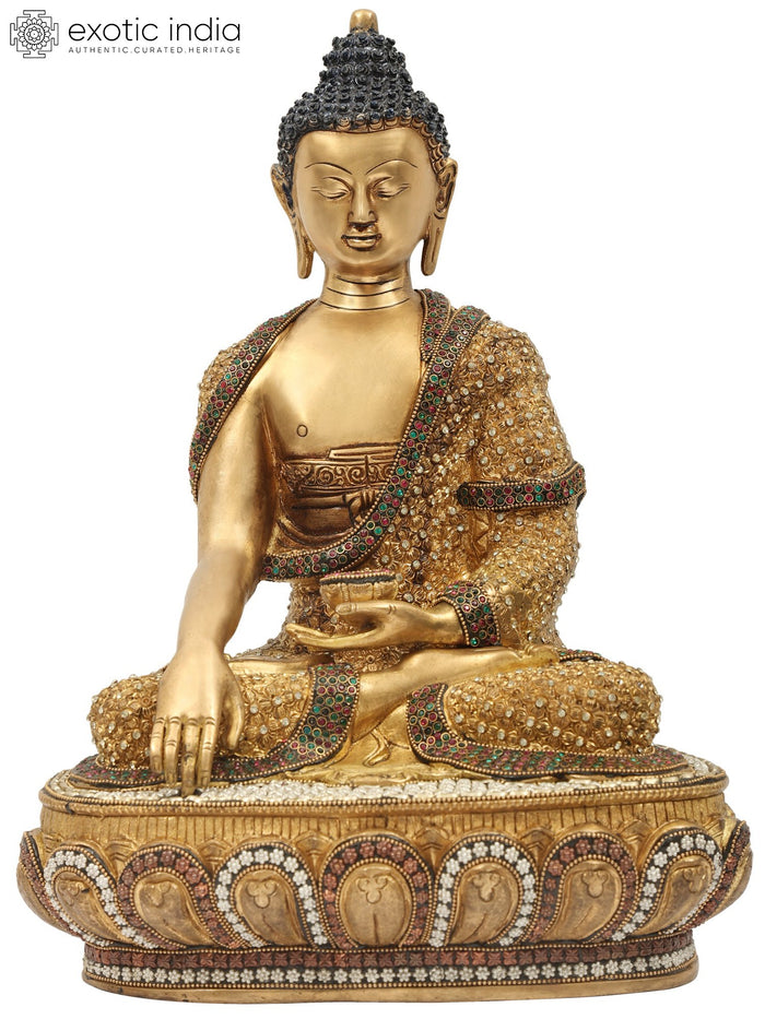 16" Lord Buddha Bhumisparsha Mudra Brass Statue with Inlay Work