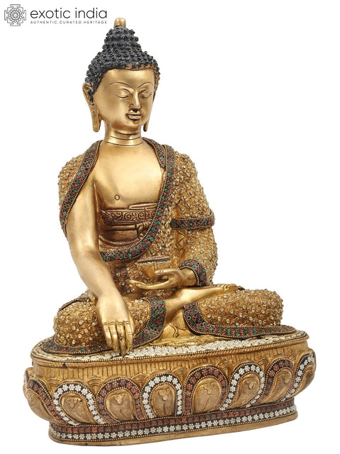 16" Lord Buddha in Bhumisparsha Mudra Brass Statue with Inlay Work