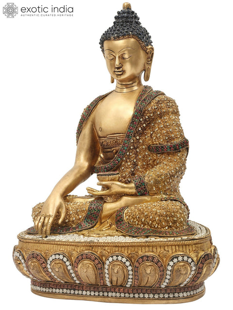 16" Lord Buddha in Bhumisparsha Mudra Brass Statue with Inlay Work