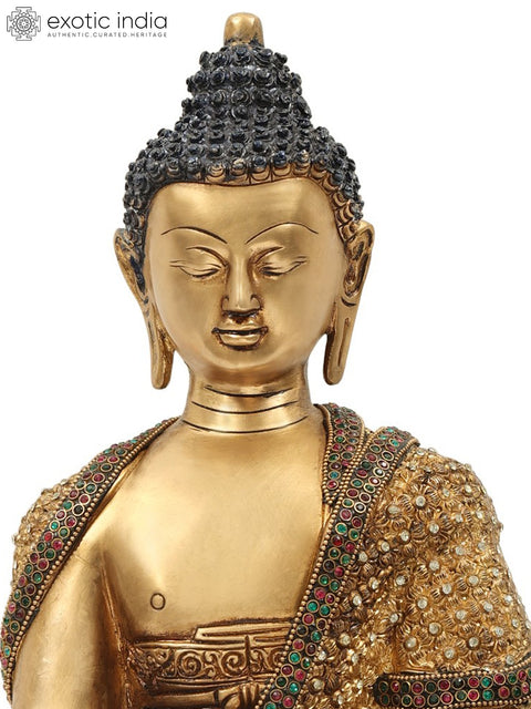 16" Lord Buddha in Bhumisparsha Mudra Brass Statue with Inlay Work