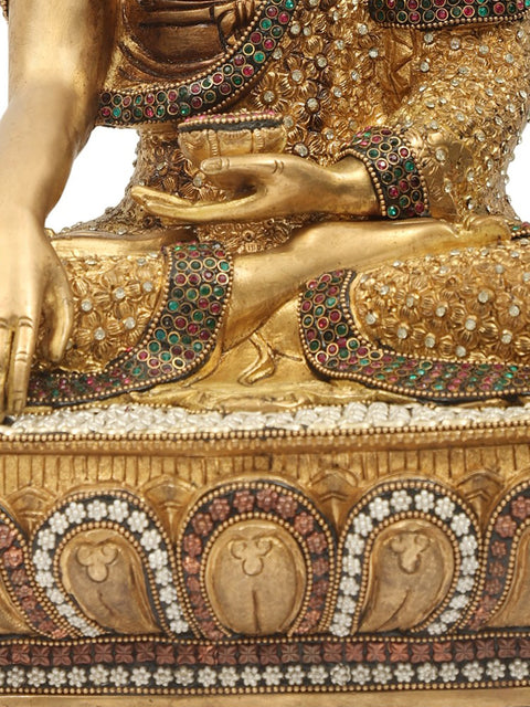 16" Lord Buddha in Bhumisparsha Mudra Brass Statue with Inlay Work