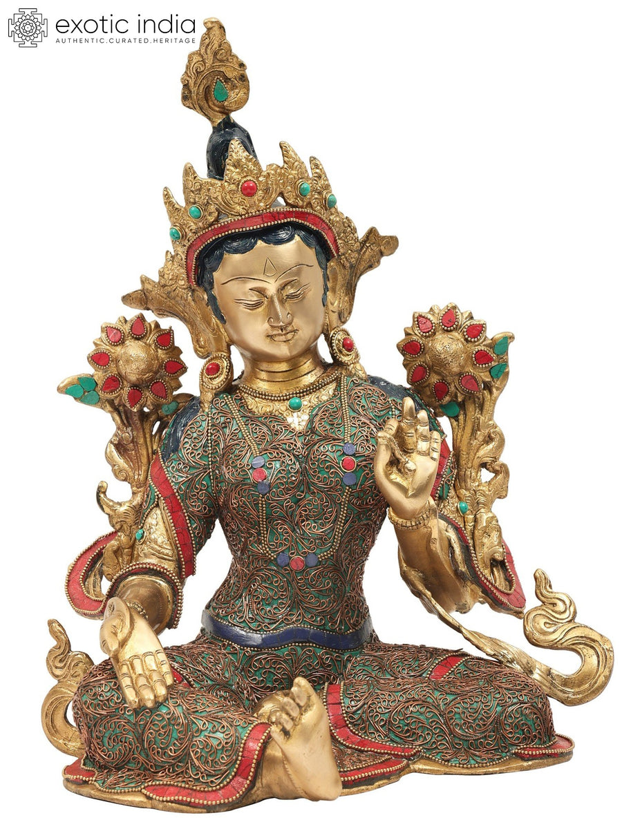 15" Green Tara Handmade Brass Statue with Colorful Inlay Work
