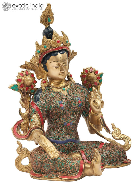 15" Green Tara with Superfine Colorful Inlay Work in Brass | Handmade Tibetan Buddhist Statue