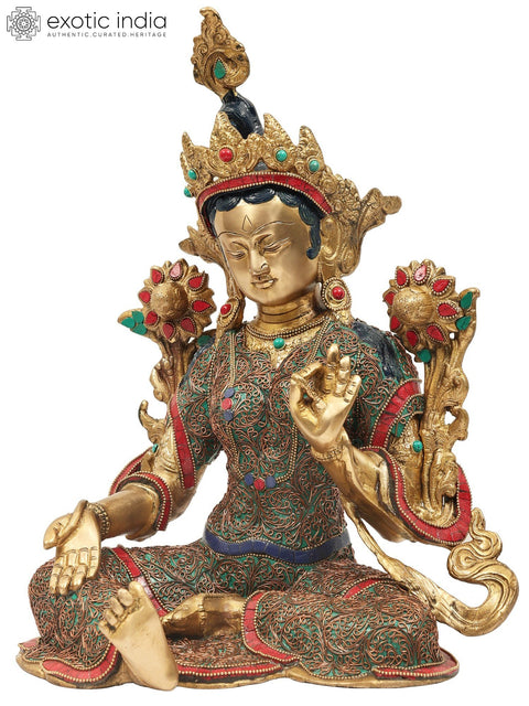 15" Green Tara with Superfine Colorful Inlay Work in Brass | Handmade Tibetan Buddhist Statue