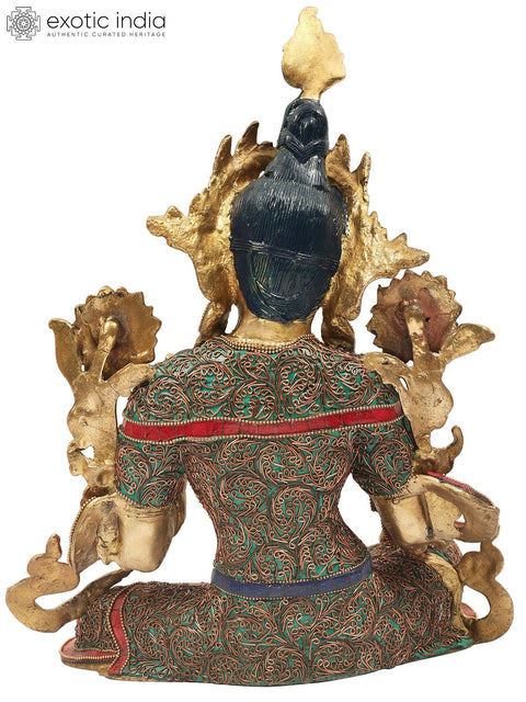 15" Green Tara with Superfine Colorful Inlay Work in Brass | Handmade Tibetan Buddhist Statue