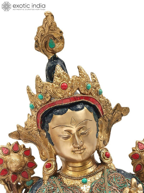 15" Green Tara with Superfine Colorful Inlay Work in Brass | Handmade Tibetan Buddhist Statue