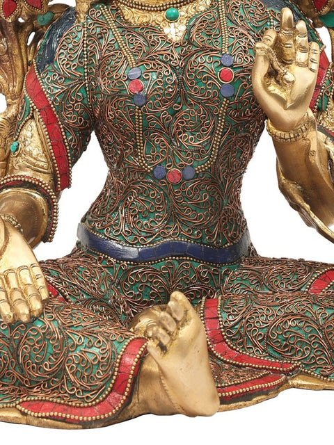 15" Green Tara with Superfine Colorful Inlay Work in Brass | Handmade Tibetan Buddhist Statue
