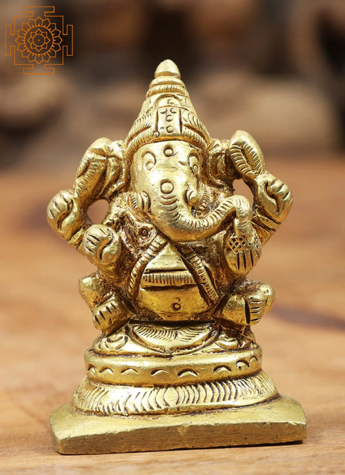 2" Four-Armed Lord Ganesha Handmade Brass Statue