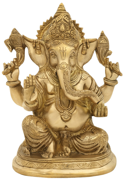 9" Four Armed Ganesha Brass Idol for Pooja
