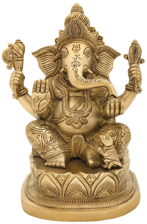9" Modak-Eating Ganesha Handmade Brass Statue