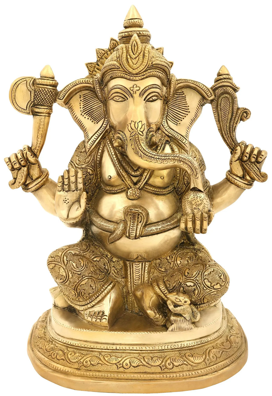 Lord Ganesha Seated on Designer Pedestal Brass Idol