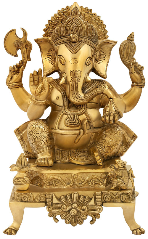 17" Handmade Brass Lord Ganesha Statue on Designer Chowki