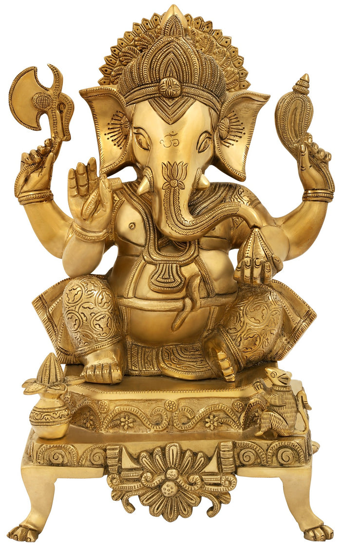17" Handmade Brass Lord Ganesha Statue on Designer Chowki