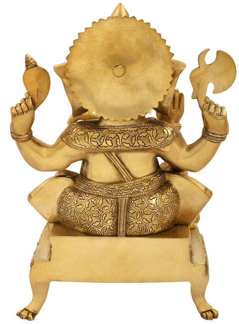 17" Superfine Crowned Lord Ganesha Seated on a Designer Chowki | Handmade Brass Sculptures