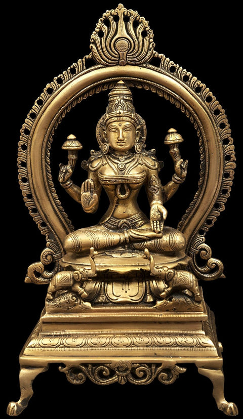 Goddess Lakshmi Brass Statue Seated on Throne with Prabhavali