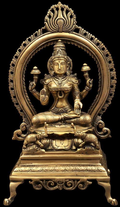 Goddess Lakshmi Kamala Seated Throne Brass Statue with Prabhavali