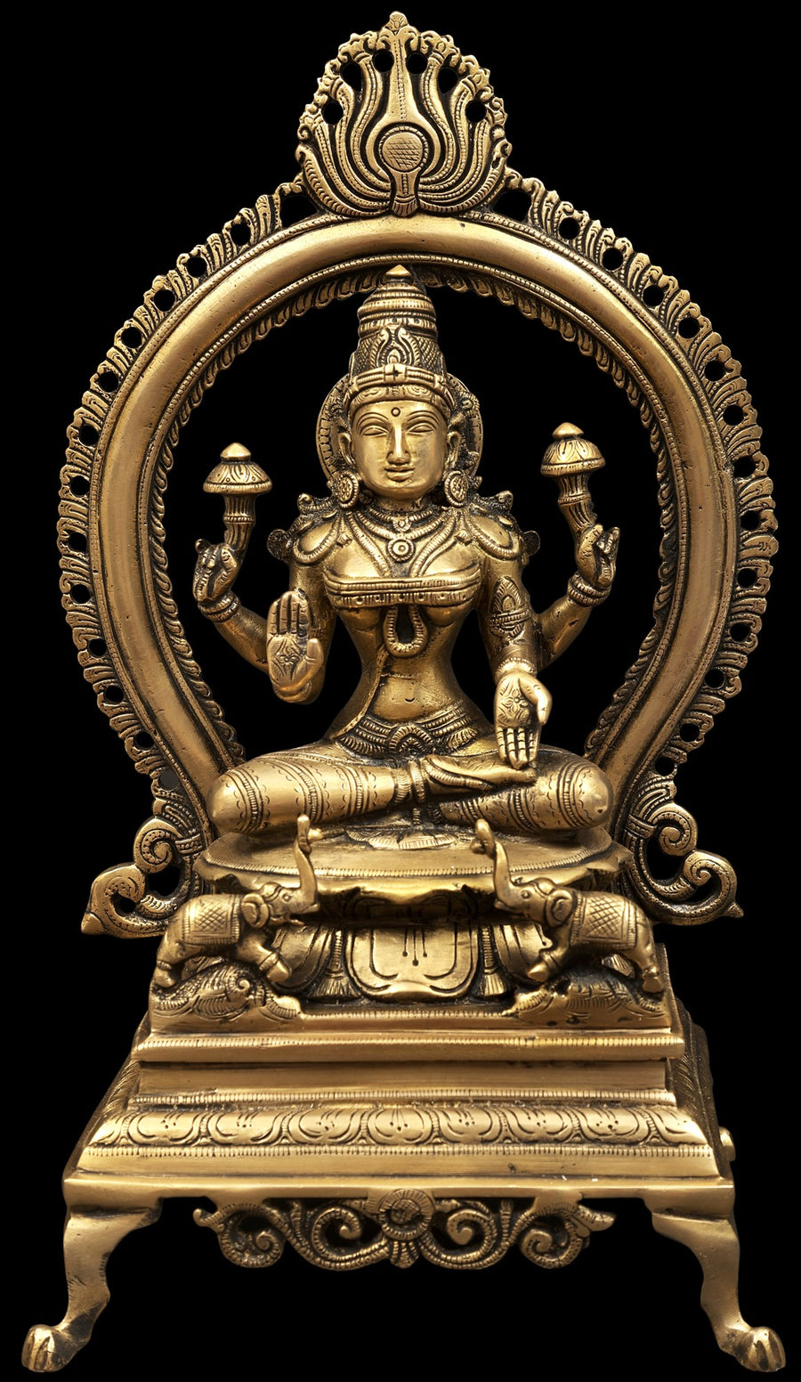 Goddess Lakshmi Kamala Seated Throne Brass Statue with Prabhavali