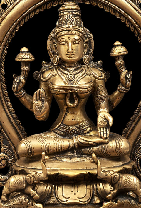 Goddess Lakshmi Brass Statue Seated on Throne with Prabhavali
