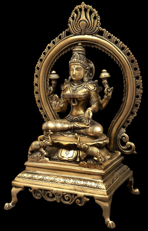 Goddess Lakshmi Brass Statue Seated on Throne with Prabhavali