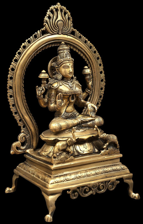 Goddess Lakshmi Brass Statue Seated on Throne with Prabhavali