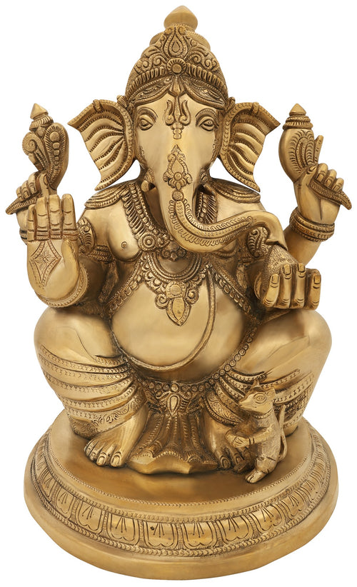14" Lord Ganesha Seated Brass Idol with Round Pedestal