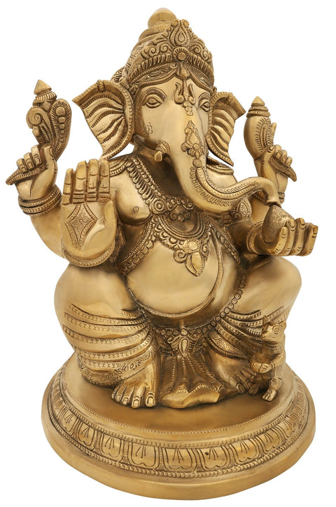 14" Lord Ganesha Seated on Round Pedestal In Brass | Handmade | Made In India