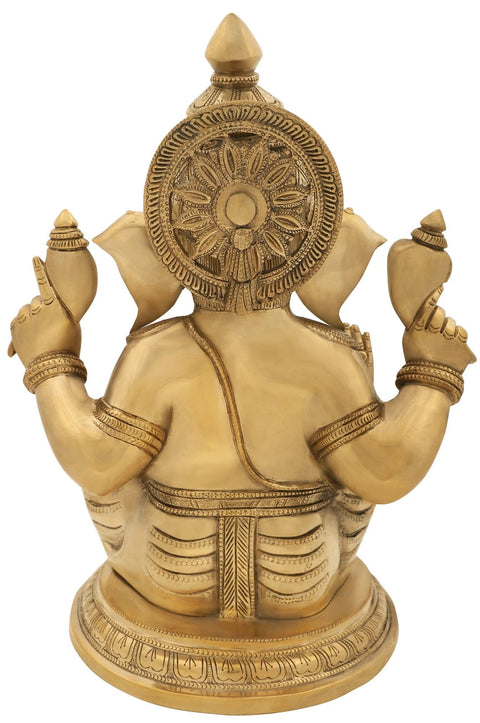 14" Lord Ganesha Seated on Round Pedestal In Brass | Handmade | Made In India