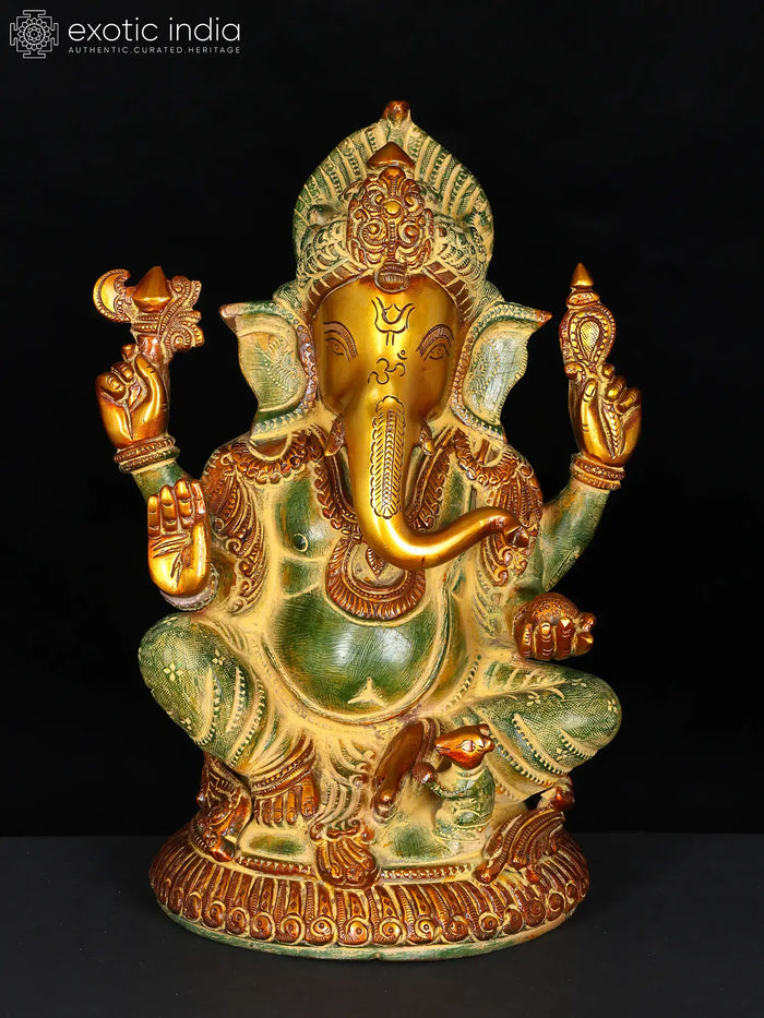 12" Handmade Lord Ganesha Seated on Chowki Brass Statue