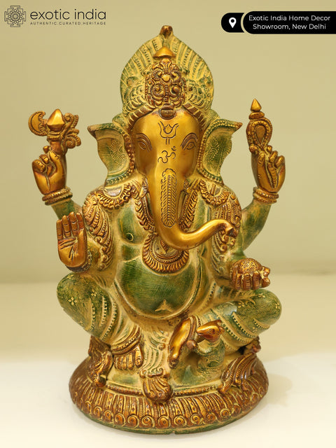 12" Lord Ganesha Seated on Small Round Chowki In Brass | Handmade | Made In India