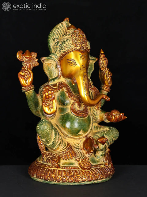 12" Lord Ganesha Seated on Small Round Chowki In Brass | Handmade | Made In India