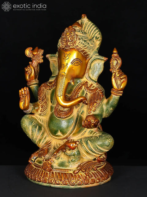 12" Lord Ganesha Seated on Small Round Chowki In Brass | Handmade | Made In India