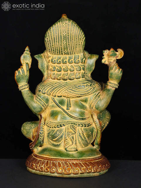 12" Lord Ganesha Seated on Small Round Chowki In Brass | Handmade | Made In India