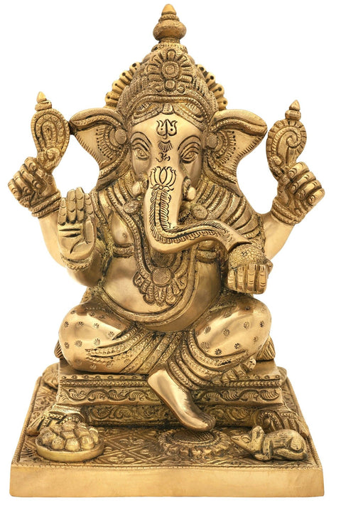 9" Lord Ganesha Seated on Beautiful Square Pedestal In Brass | Handmade | Made In India